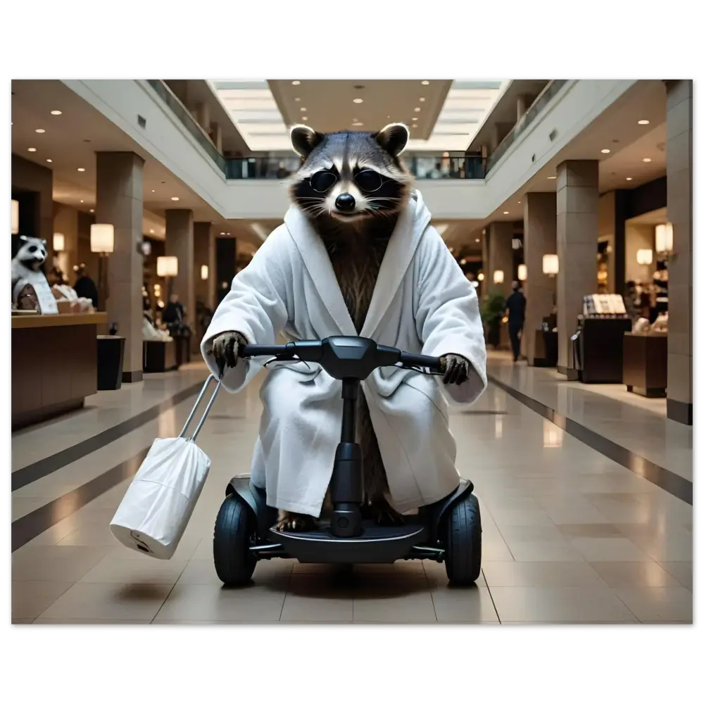 Raccoon in bathrobe riding scooter on PixiOnyx Metal Panel Print for Mobility Mogul art
