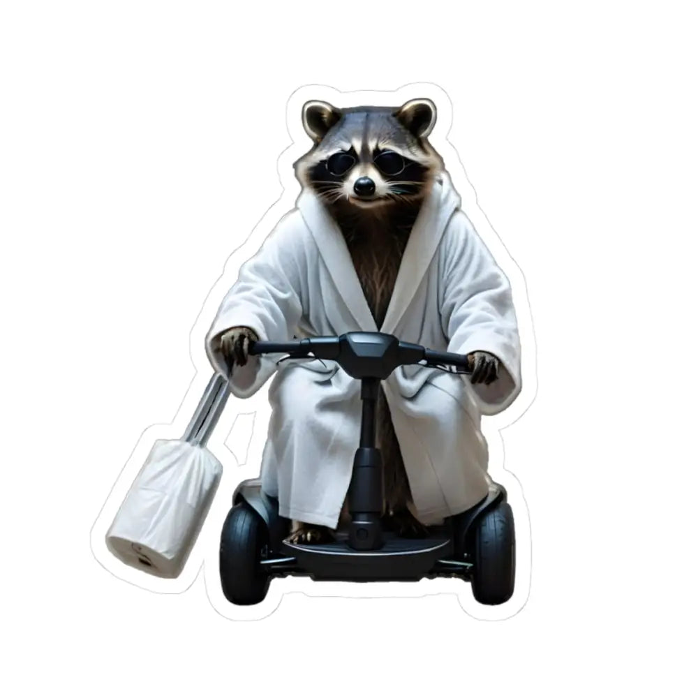 Raccoon in bathrobe riding scooter with toilet paper for Mobility Mogul Sticker Decal