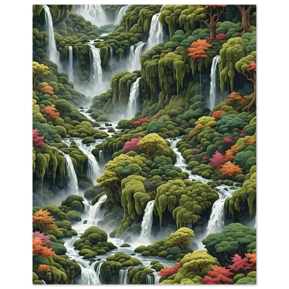 Lush cascading waterfalls with verdant foliage on Moss Cascade Aluminum Print by PixiOnyx