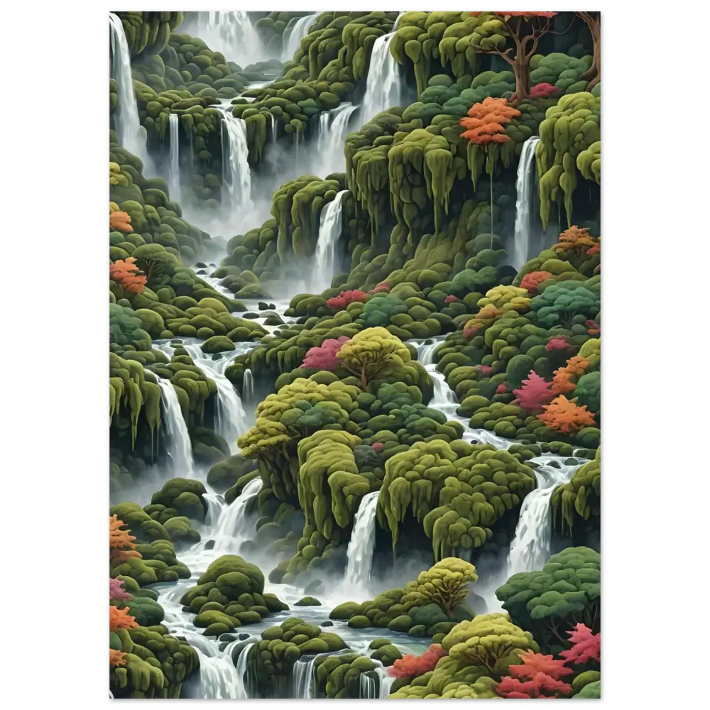Lush cascading waterfalls amid vibrant foliage on Moss Cascade Aluminum Print by PixiOnyx