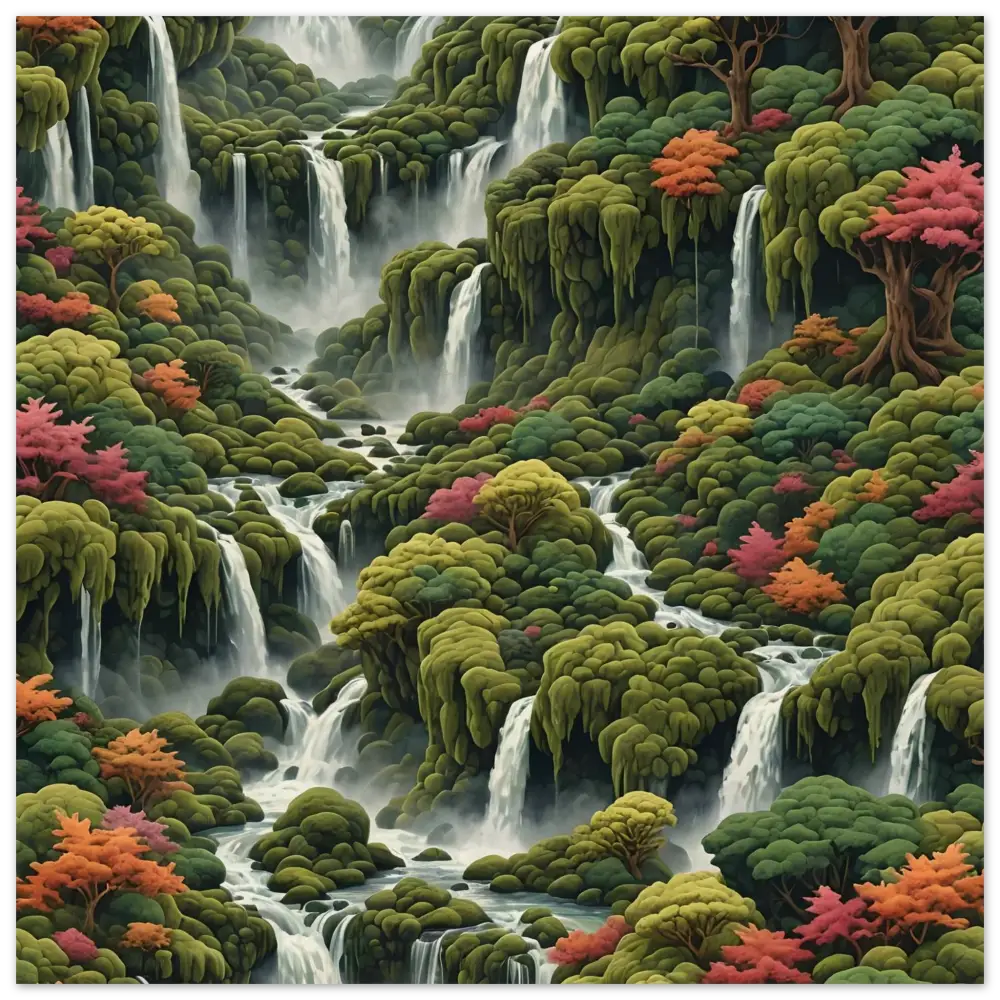 Moss Cascade Wood Print featuring lush cascading waterfalls and vibrant foliage