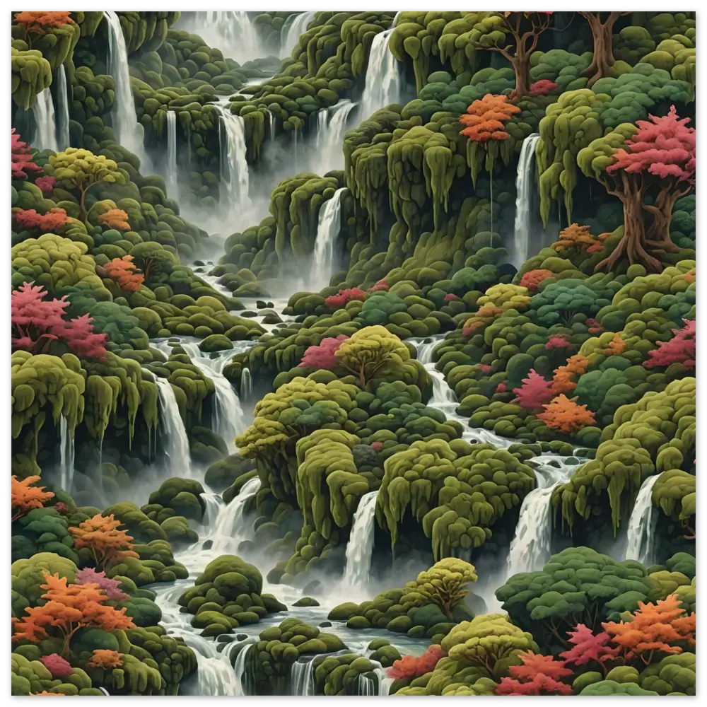 Lush multi-tiered waterfall landscape print on Moss Cascade Wood Print by PixiOnyx