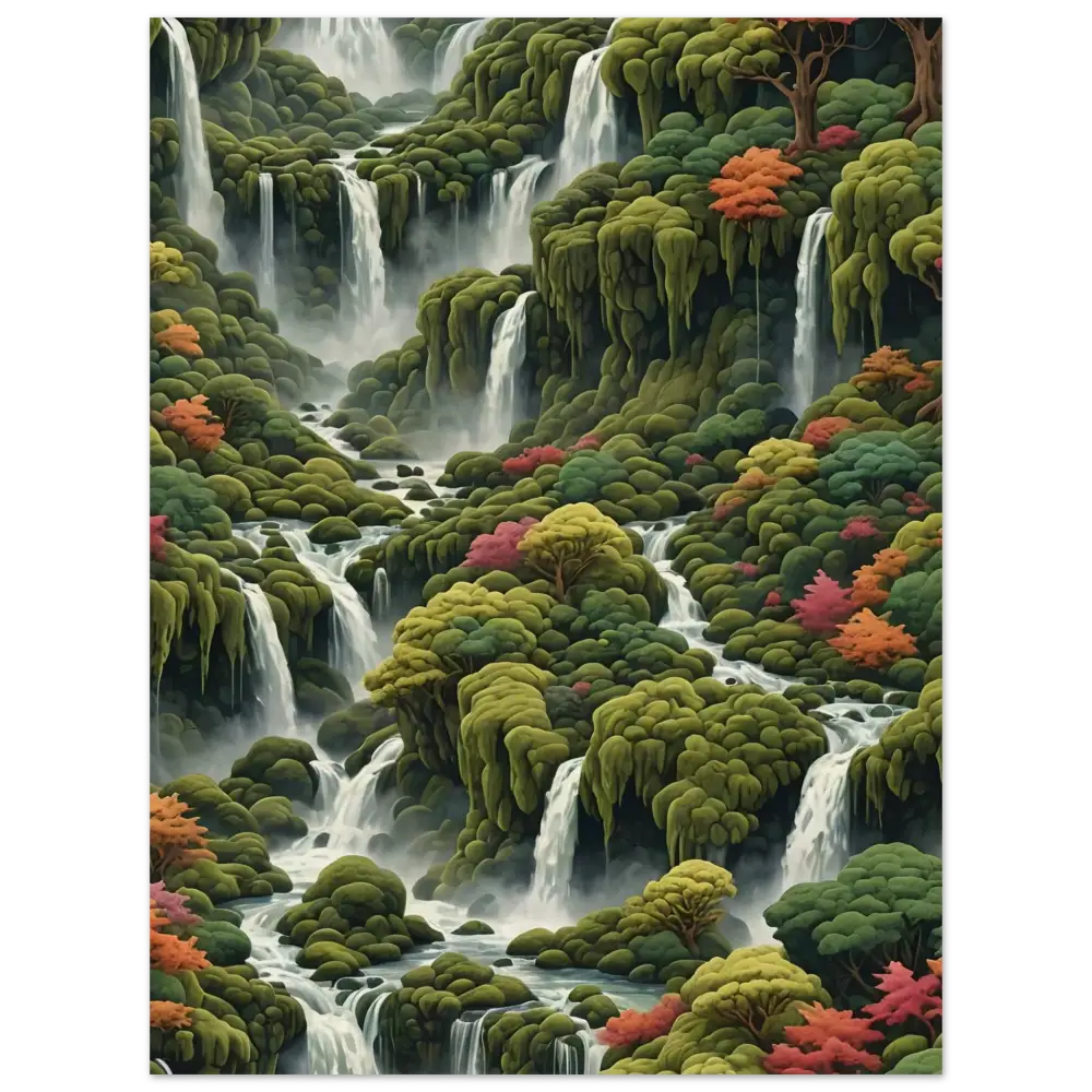 Lush waterfall landscape displayed on Moss Cascade Wood Print by PixiOnyx