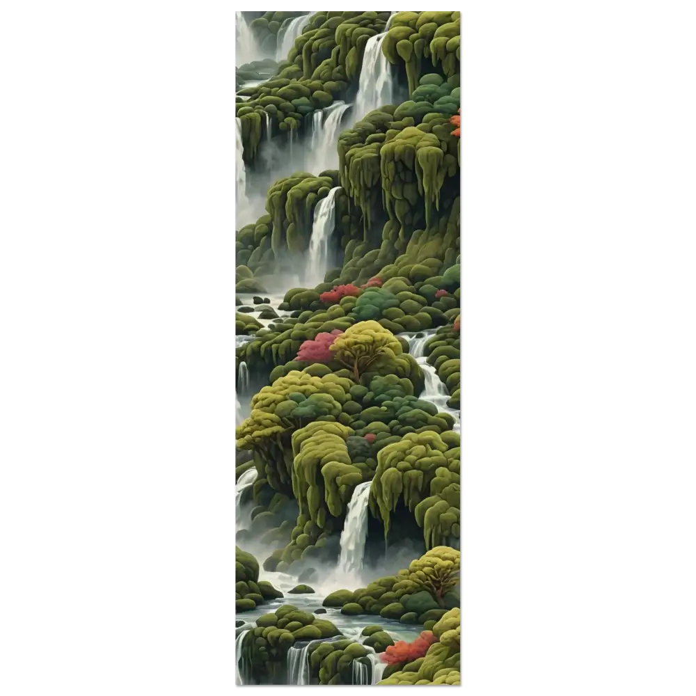 Lush cascading waterfalls depicted on Moss Cascade Wood Print by PixiOnyx