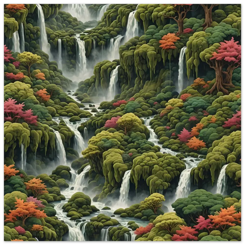 Moss Cascade Wood Print by PixiOnyx featuring lush cascading waterfalls amidst vibrant foliage