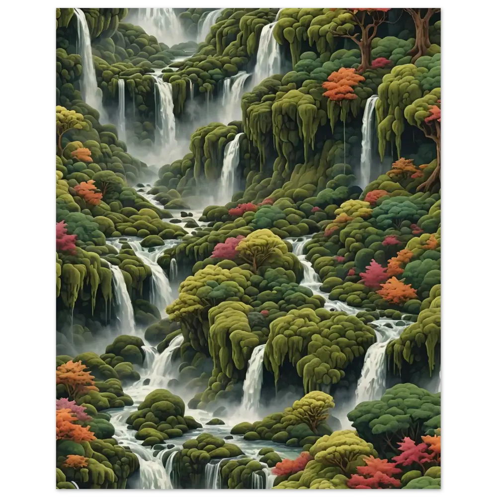Lush cascading waterfalls with verdant foliage on Moss Cascade Wood Print by PixiOnyx