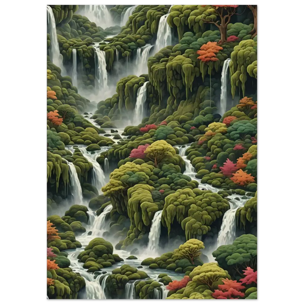 Moss Cascade Wood Print showcasing lush waterfalls amid vibrant foliage from PixiOnyx