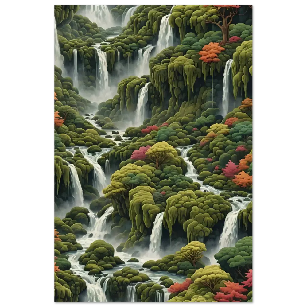 Lush cascading waterfalls amidst vibrant foliage on Moss Cascade Wood Print by PixiOnyx