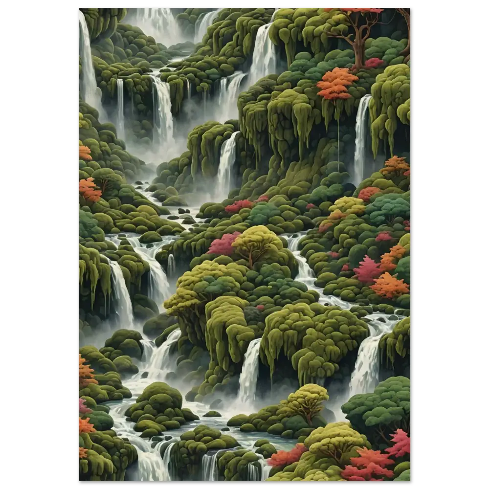 Moss Cascade Wood Print by PixiOnyx featuring lush waterfalls and vibrant foliage