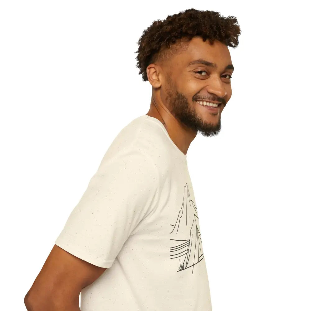 Stylish unisex t-shirt in ring-spun cotton with mountain line art, eco-friendly design