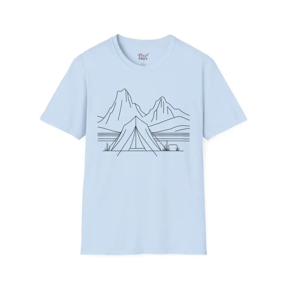 Light blue stylish unisex t-shirt with camping design made from ring-spun cotton and reduced fabric waste