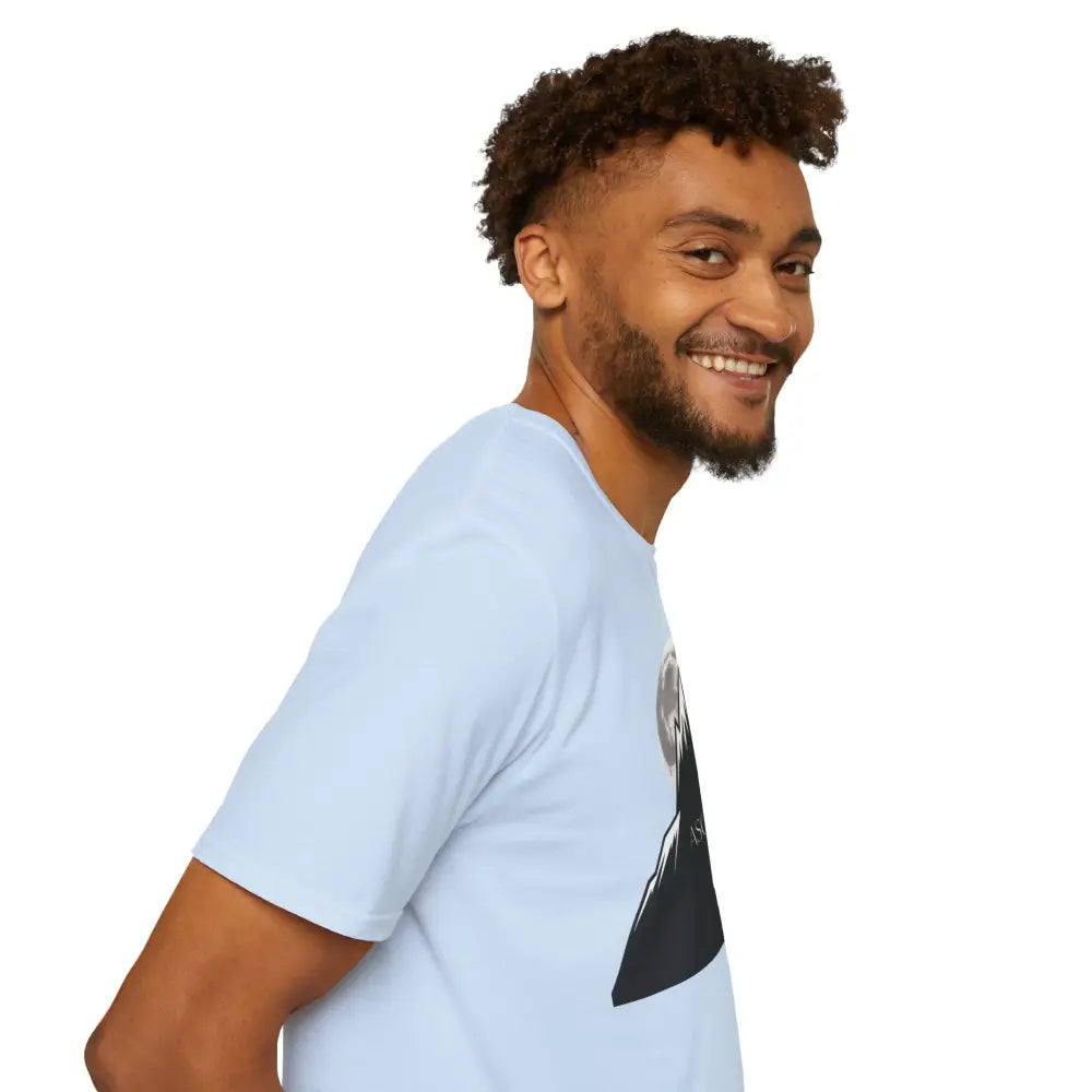 Light blue short-sleeved T-shirt with ASCEND graphic print, suitable for machine wash and tumble dry