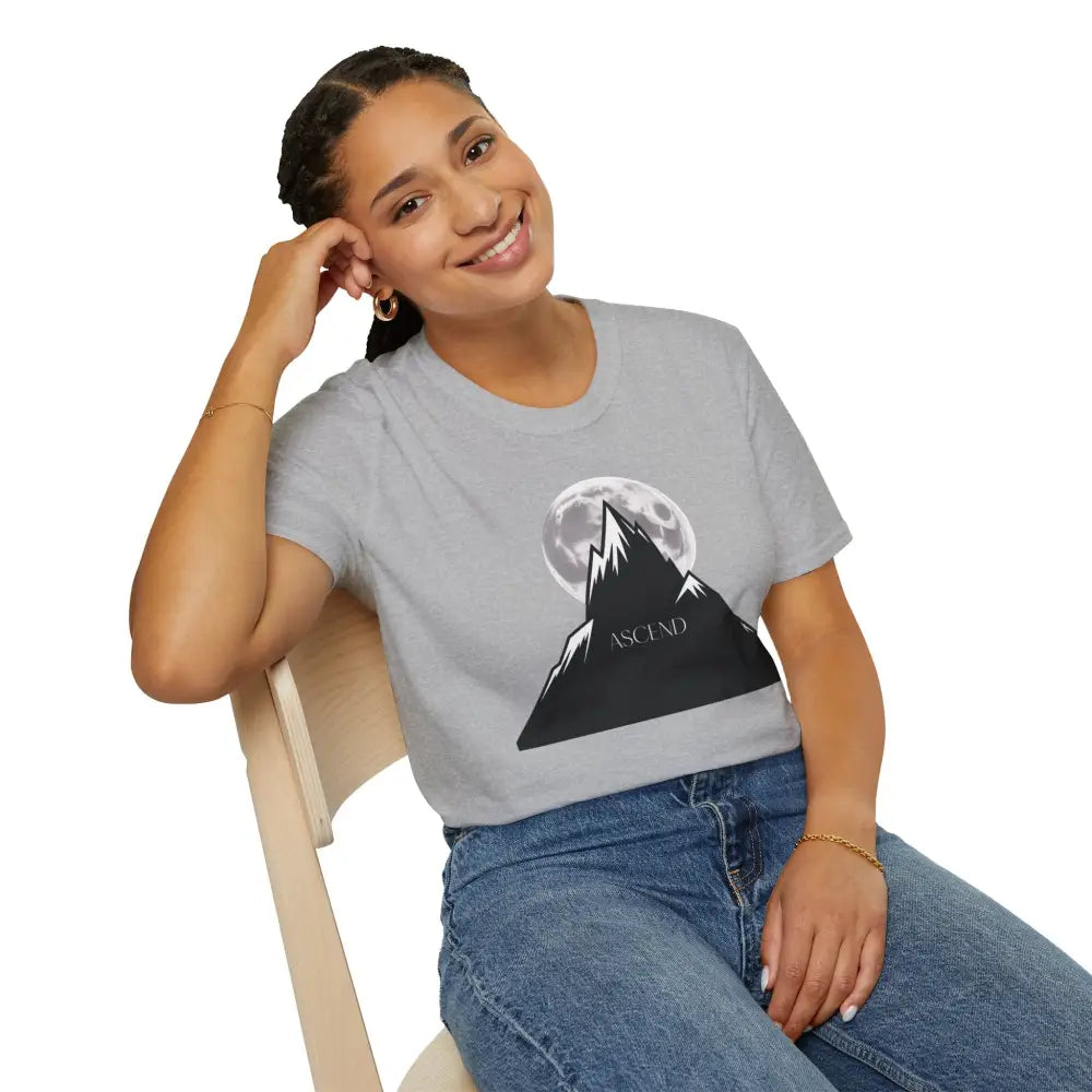 Light grey Mountain Inspired Unisex T-Shirt with black mountain and full moon graphic for outdoor adventures
