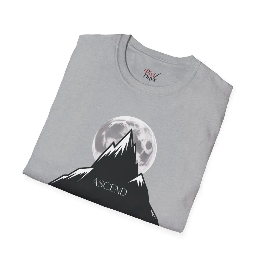 Light gray mountain and full moon graphic unisex T-shirt, machine wash, tumble dry safe