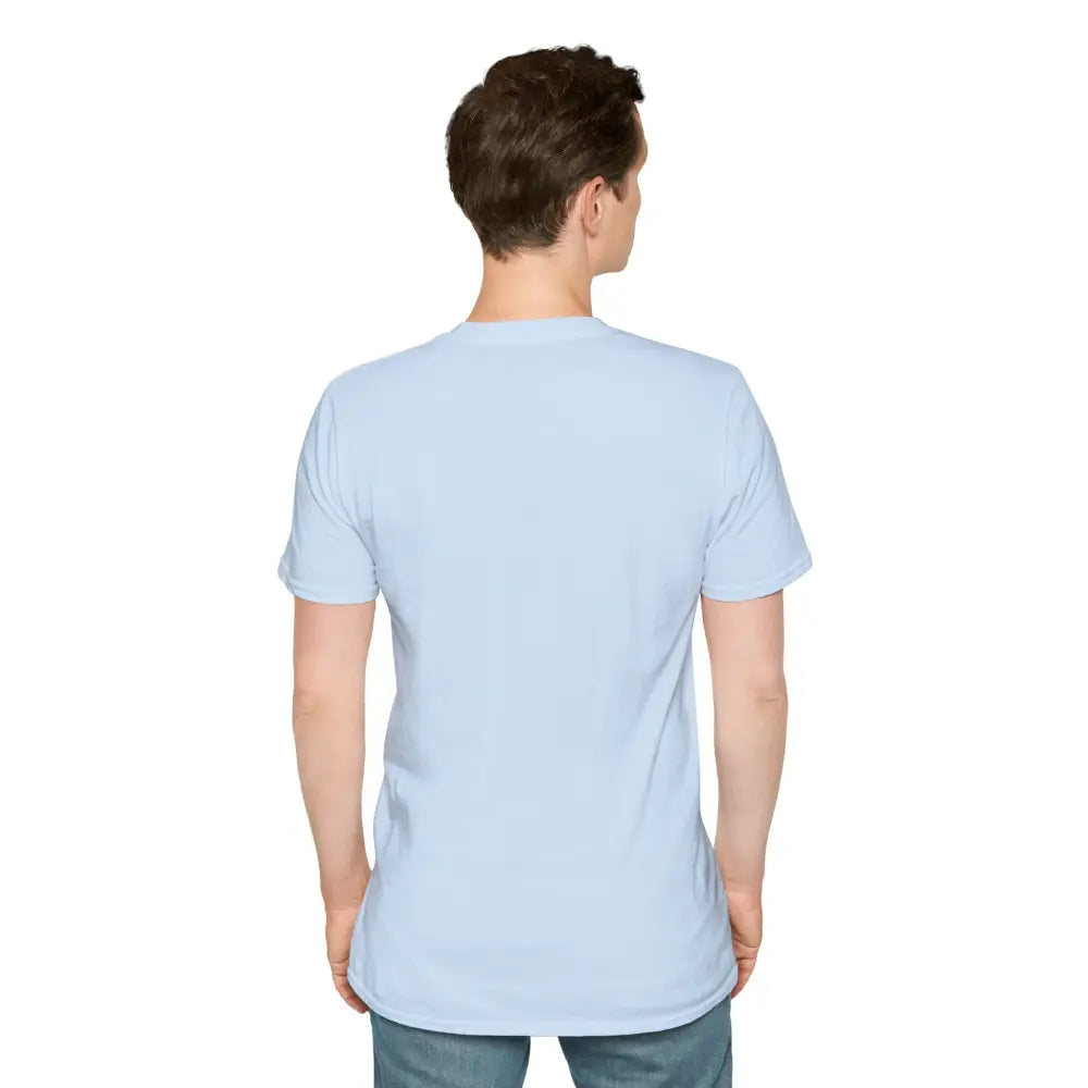 Light blue short-sleeve crewneck T-shirt on person, machine wash, tumble dry, low heat friendly