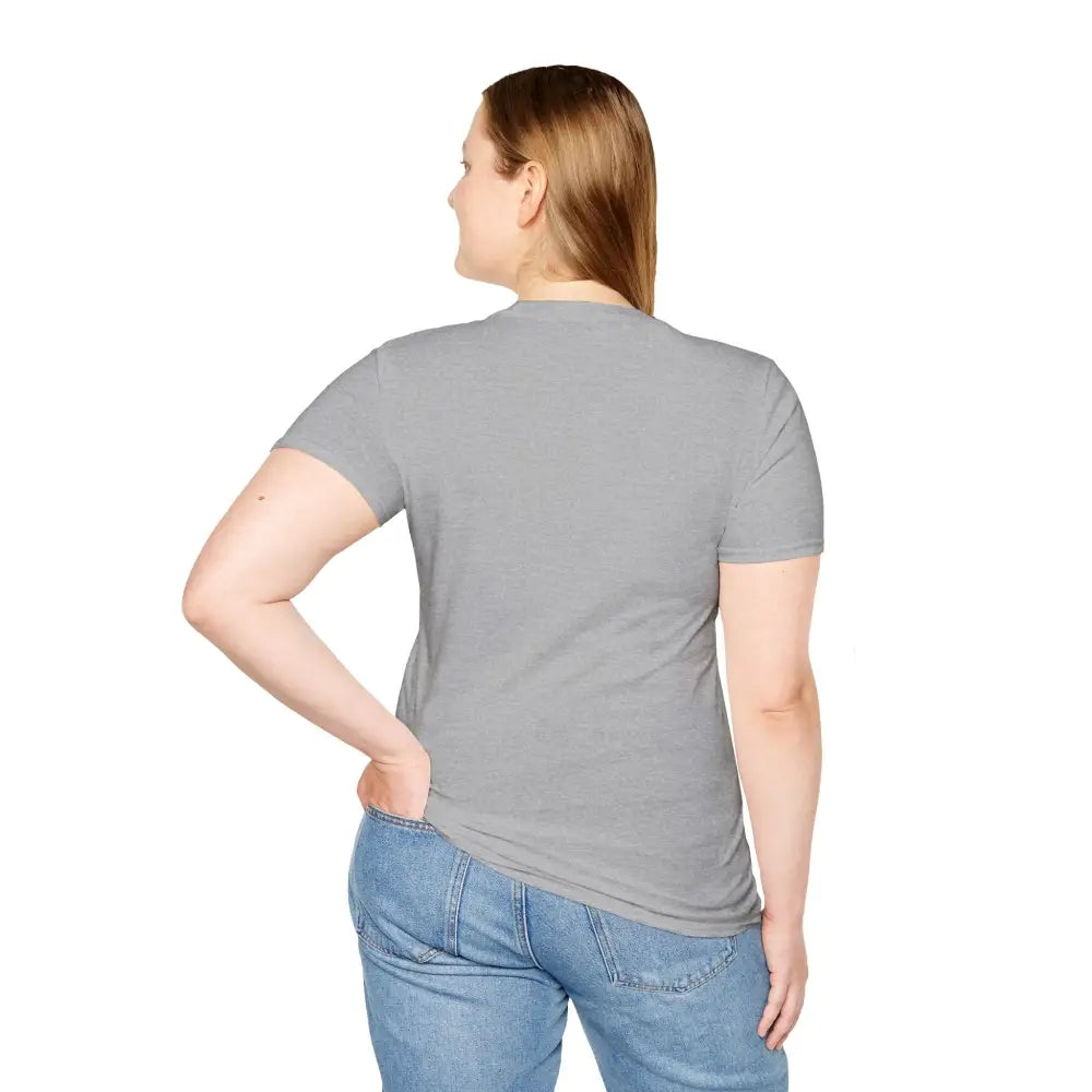 Grey short-sleeved T-shirt on woman, perfect for hiking, machine wash, tumble dry low heat