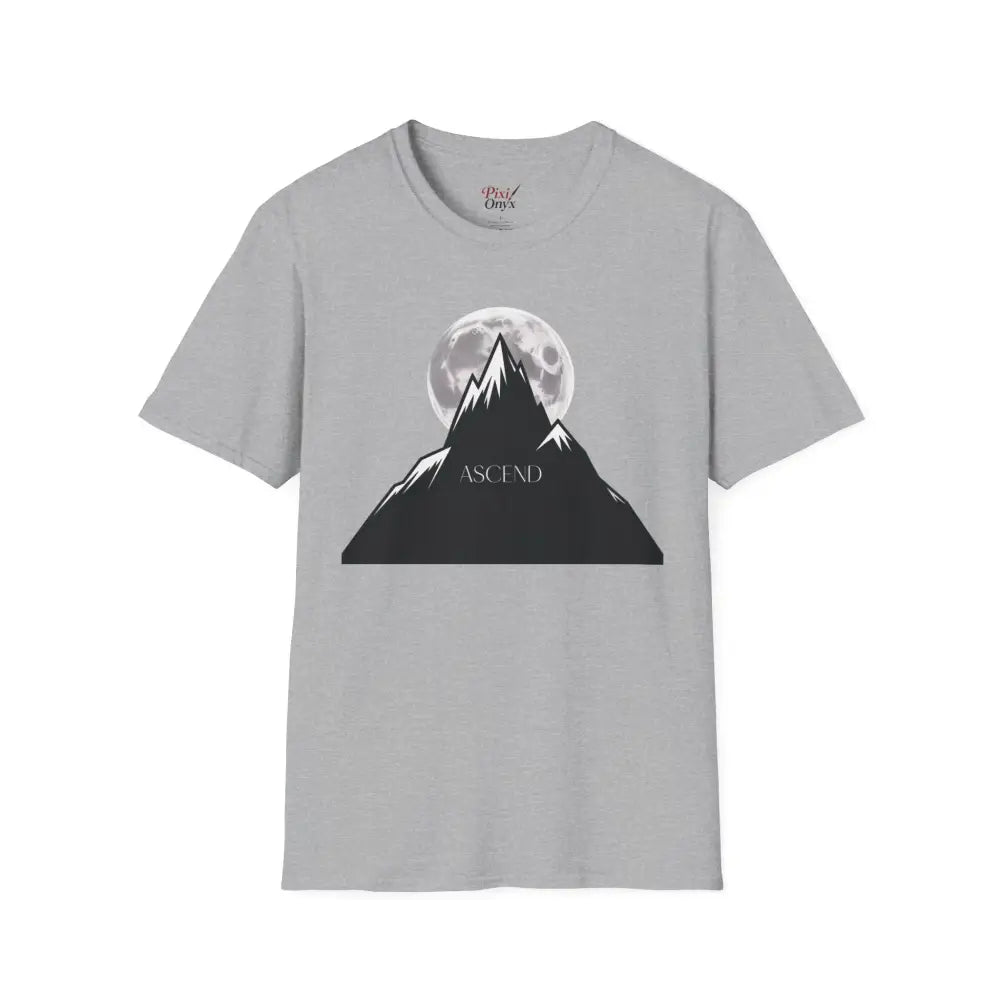 Grey crewneck T-shirt with black mountain and white moon graphic for outdoor adventure wear