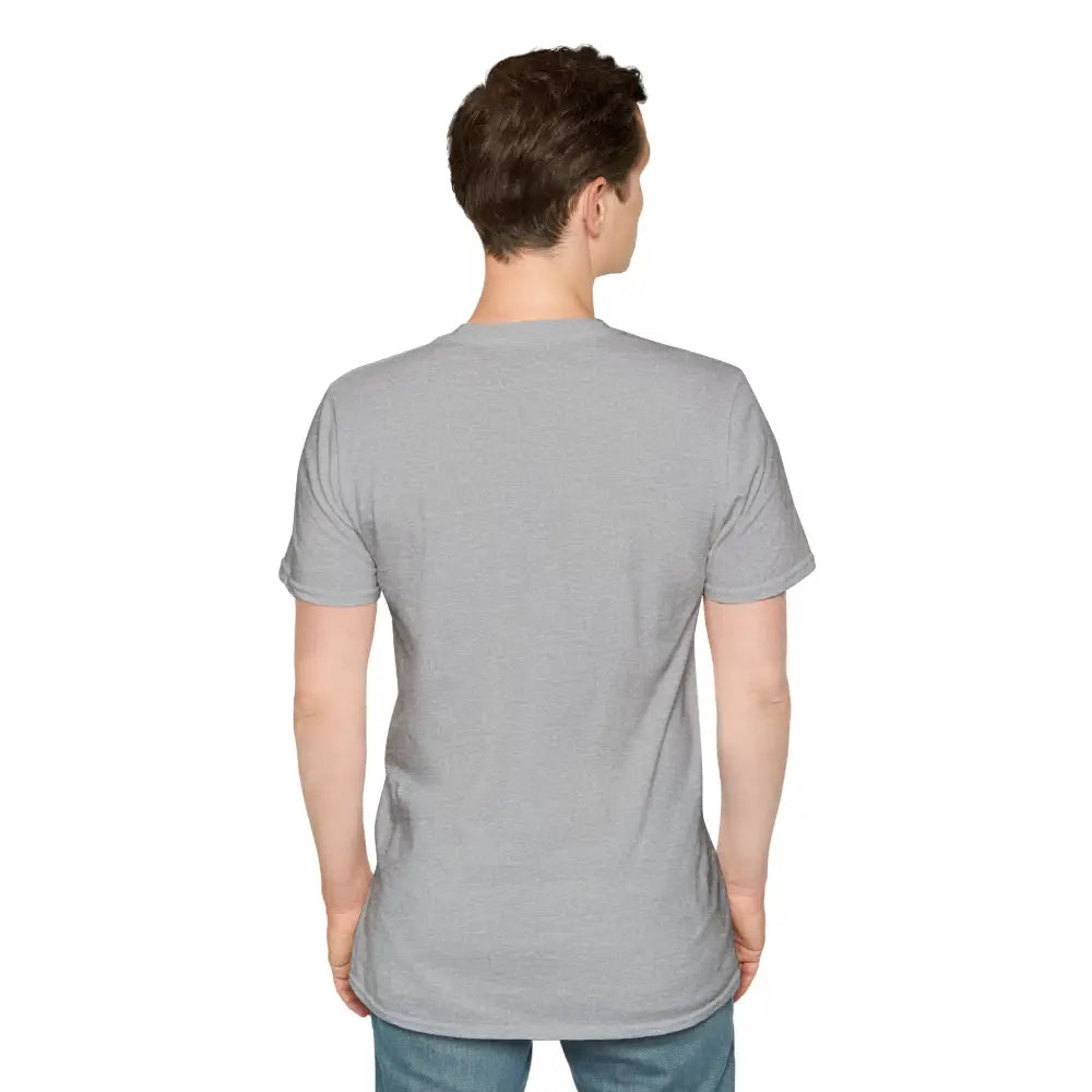 Light grey short-sleeved T-shirt on a person, machine wash, tumble dry, low heat ready