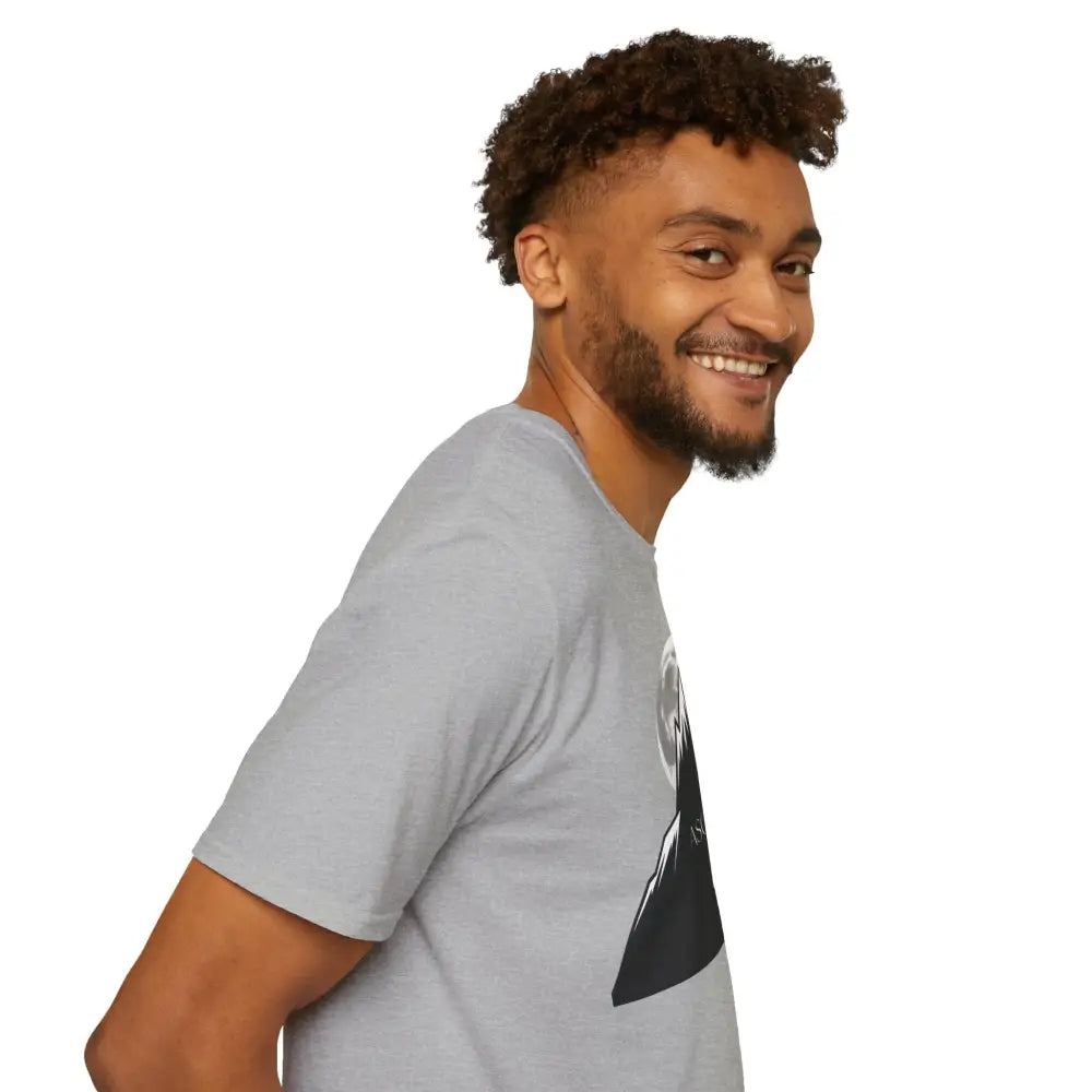 Light grey short-sleeved T-shirt with black and white Ascend graphic design, machine washable