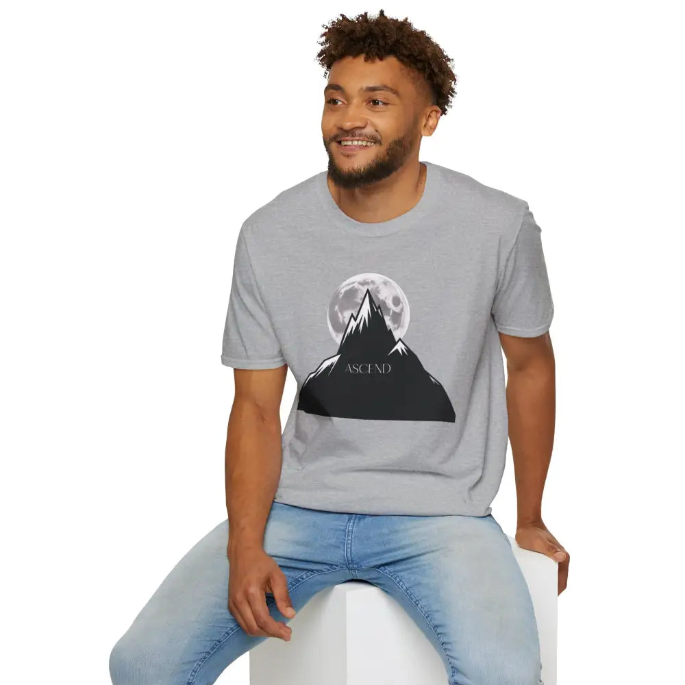 Light grey mountain and full moon graphic T-shirt for hiking, machine wash, tumble dry safe