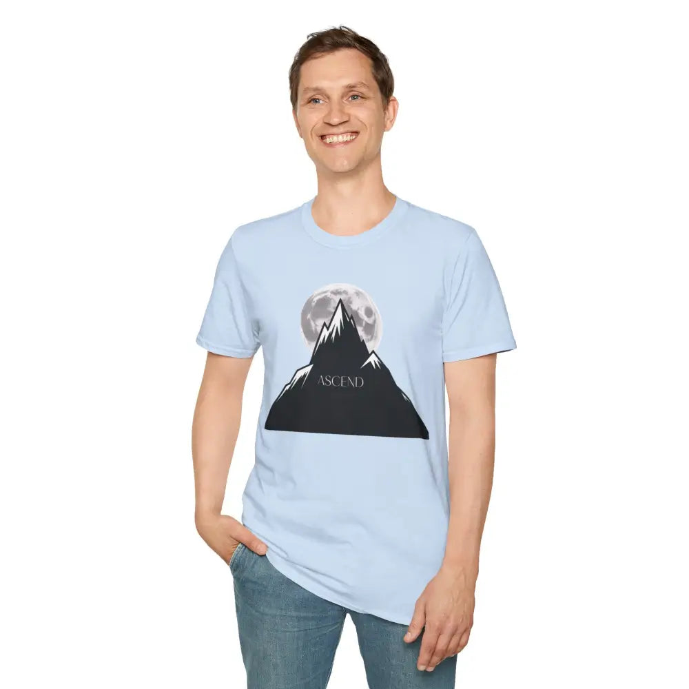 Light blue unisex mountain graphic T-shirt ideal for hiking and outdoor activities, machine wash safe