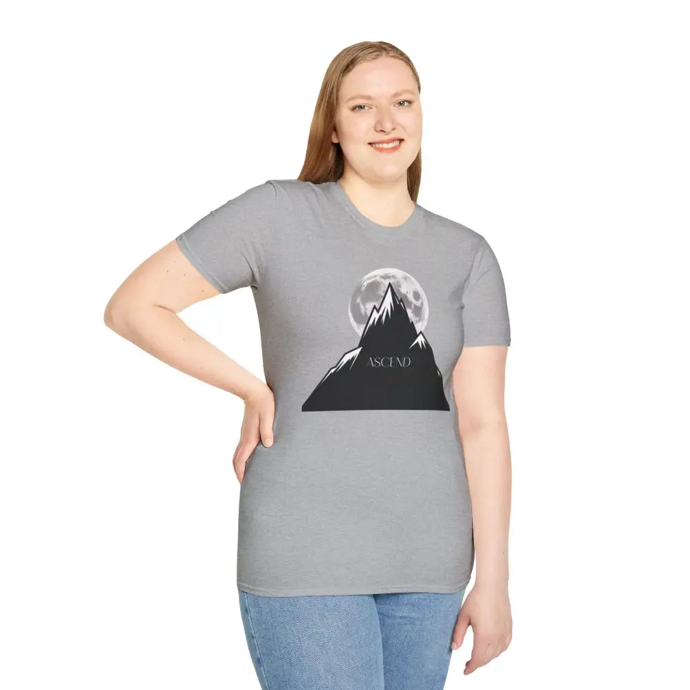Woman in light grey T-shirt and blue jeans from Ascend Adventure Tee, machine wash, tumble dry, low heat