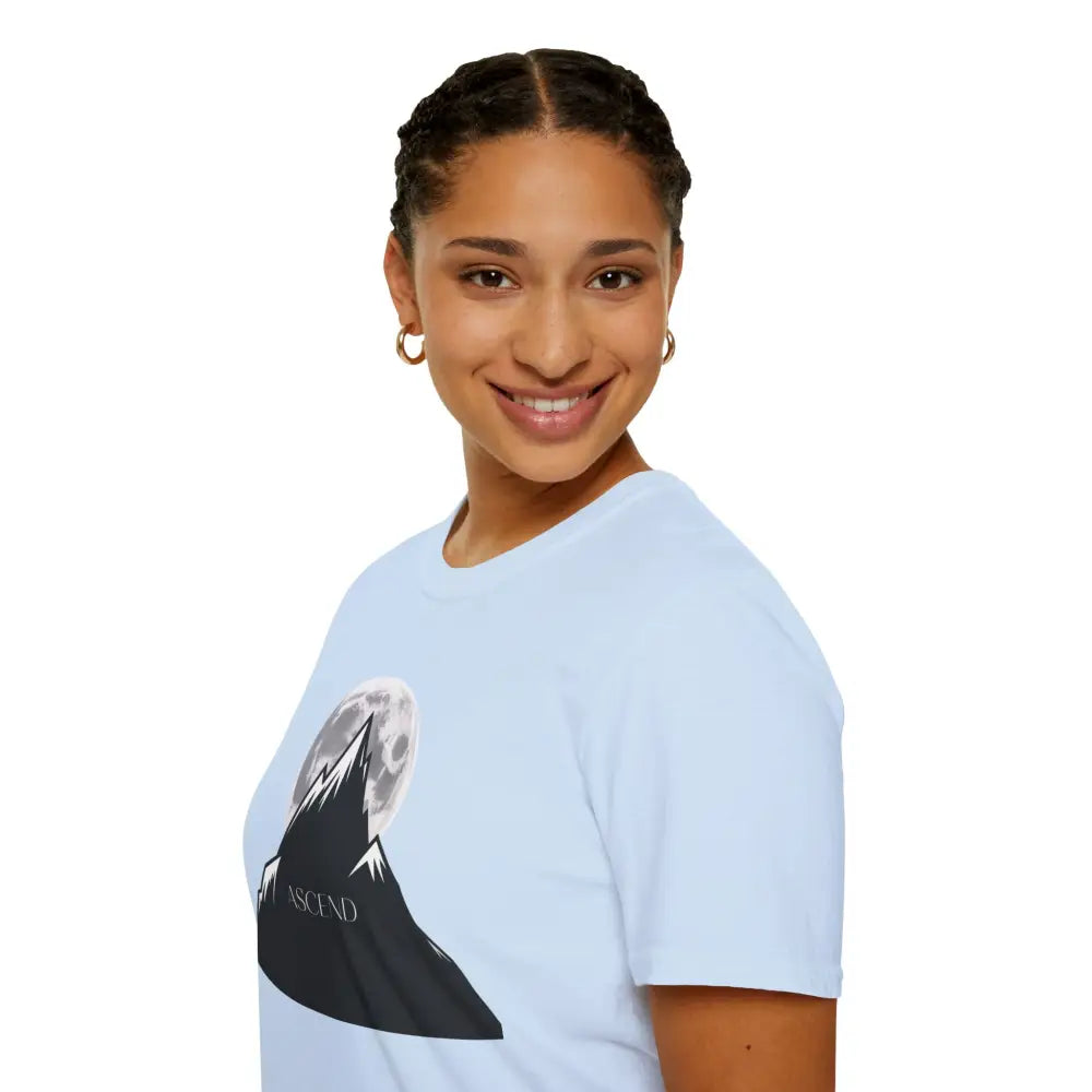 Light blue Mountain Inspired Unisex T-Shirt with mountain and full moon graphic for outdoor adventure