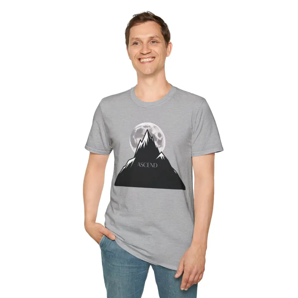 Light grey unisex mountain and full moon graphic T-shirt for outdoor adventures, machine wash safe