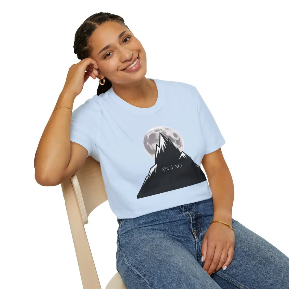 Light blue Mountain Inspired Unisex T-Shirt with black mountain and full moon graphic for outdoor adventures