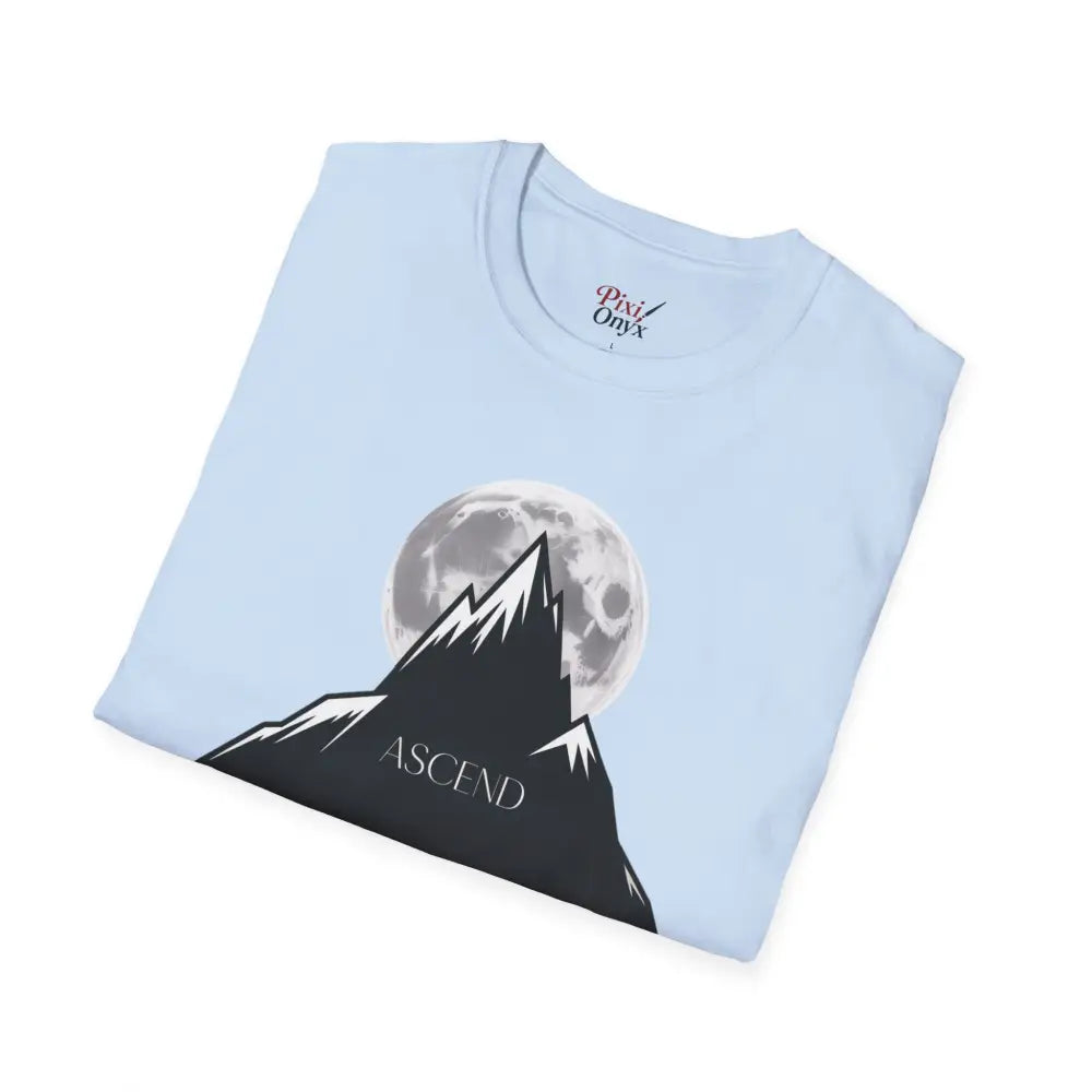 Light blue Mountain Inspired Unisex T-Shirt with moon and mountain graphic, low heat tumble dry, machine wash friendly