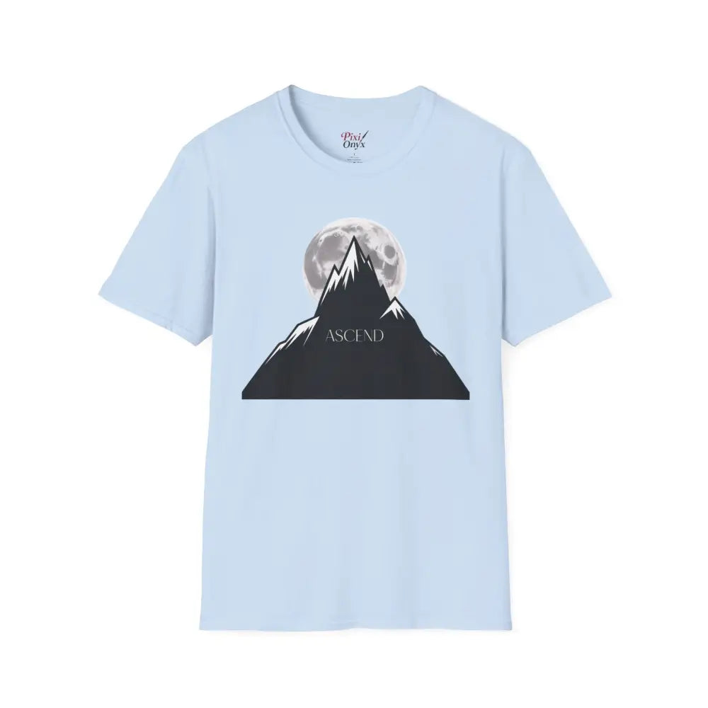Light blue unisex mountain graphic T-shirt ideal for outdoor adventures, machine wash, tumble dry low heat