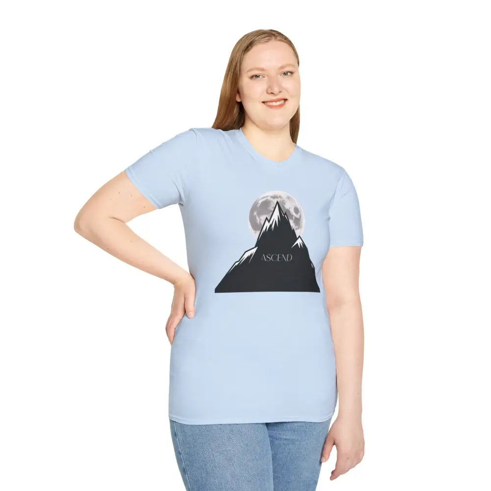 Light blue mountain and full moon graphic T-shirt for hiking, machine wash, tumble dry