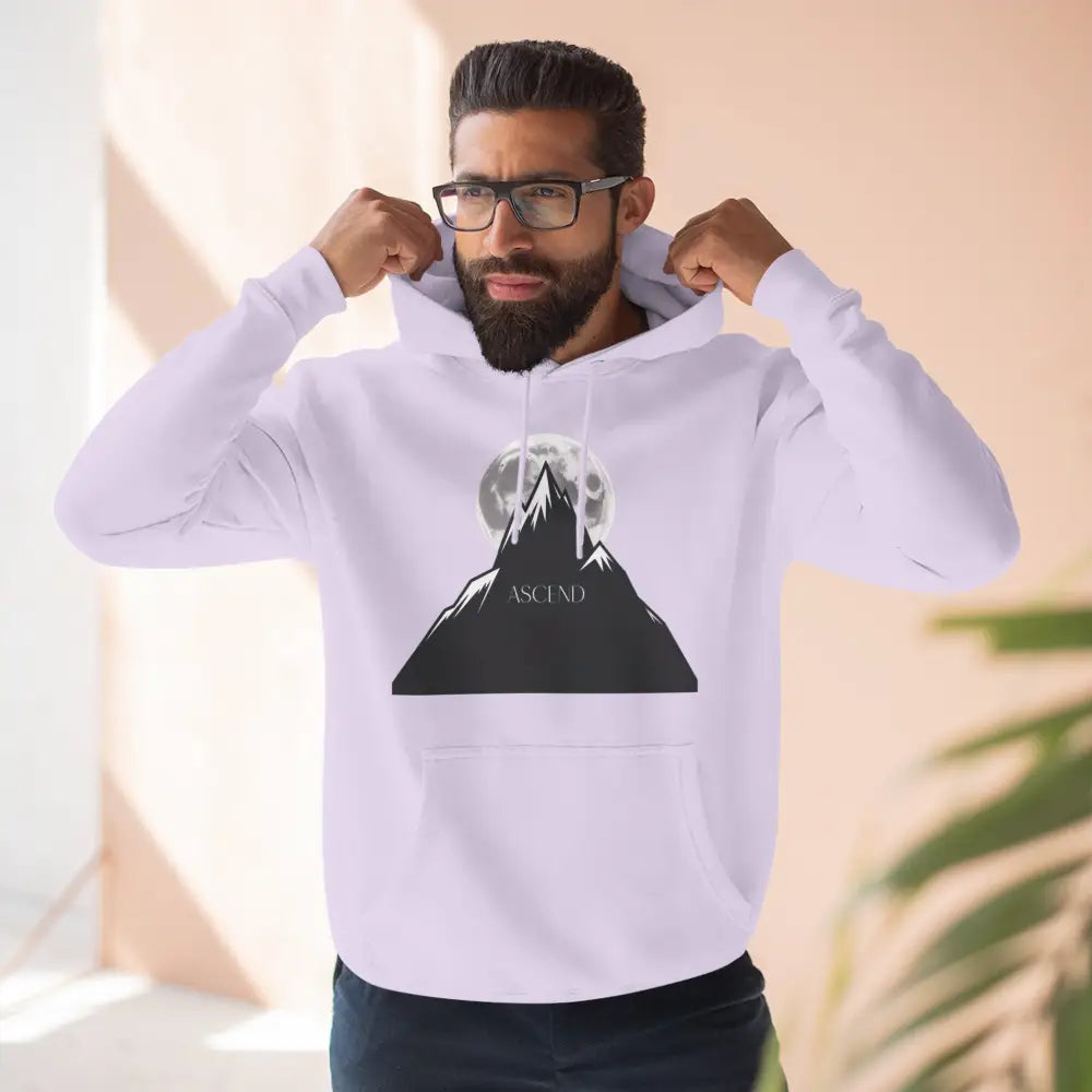 White mountain scene fleece unisex hoodie ascend with black mountain and moon graphic