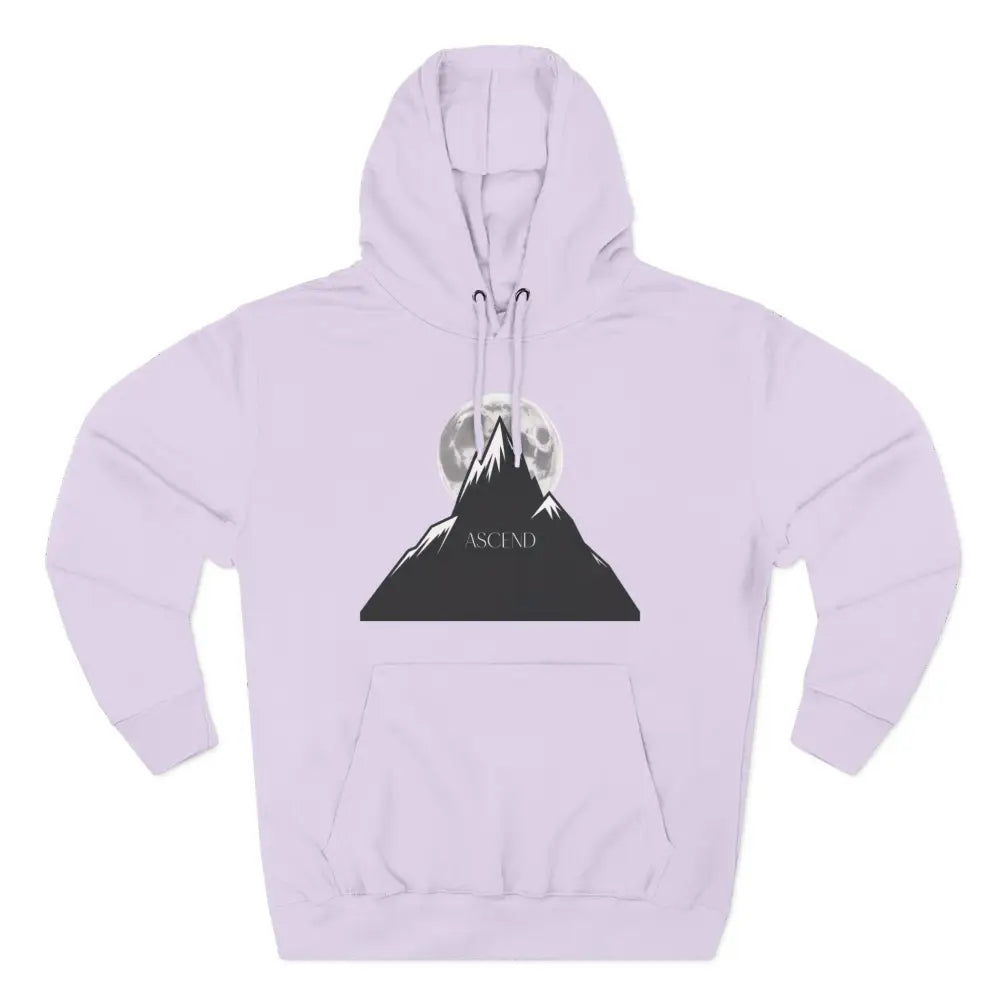 Light purple Mountain Scene Fleece unisex hoodie ascend with black mountain and moon graphic