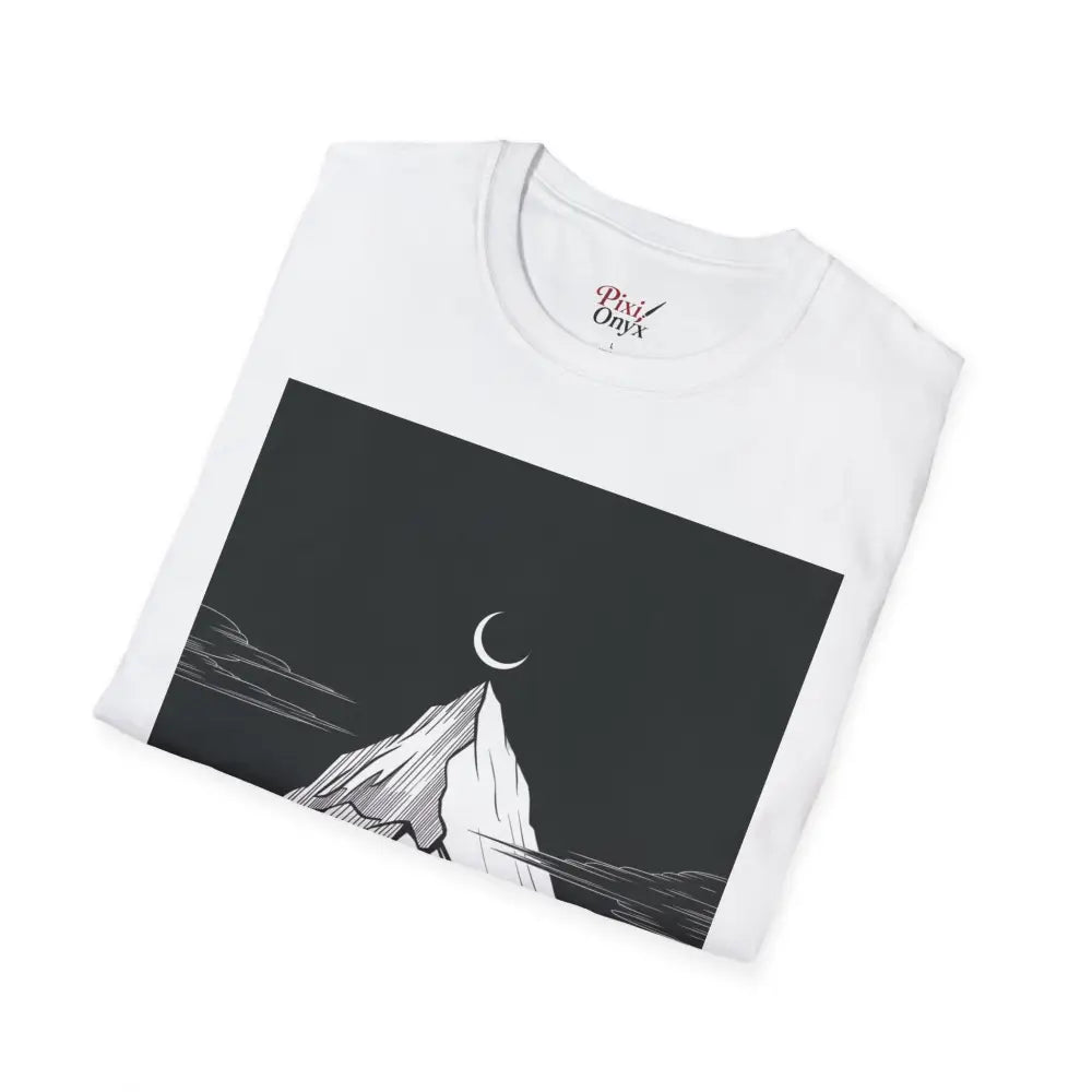 White unisex softstyle adventure t-shirt with mountain and crescent moon graphic, low heat, tumble dry safe