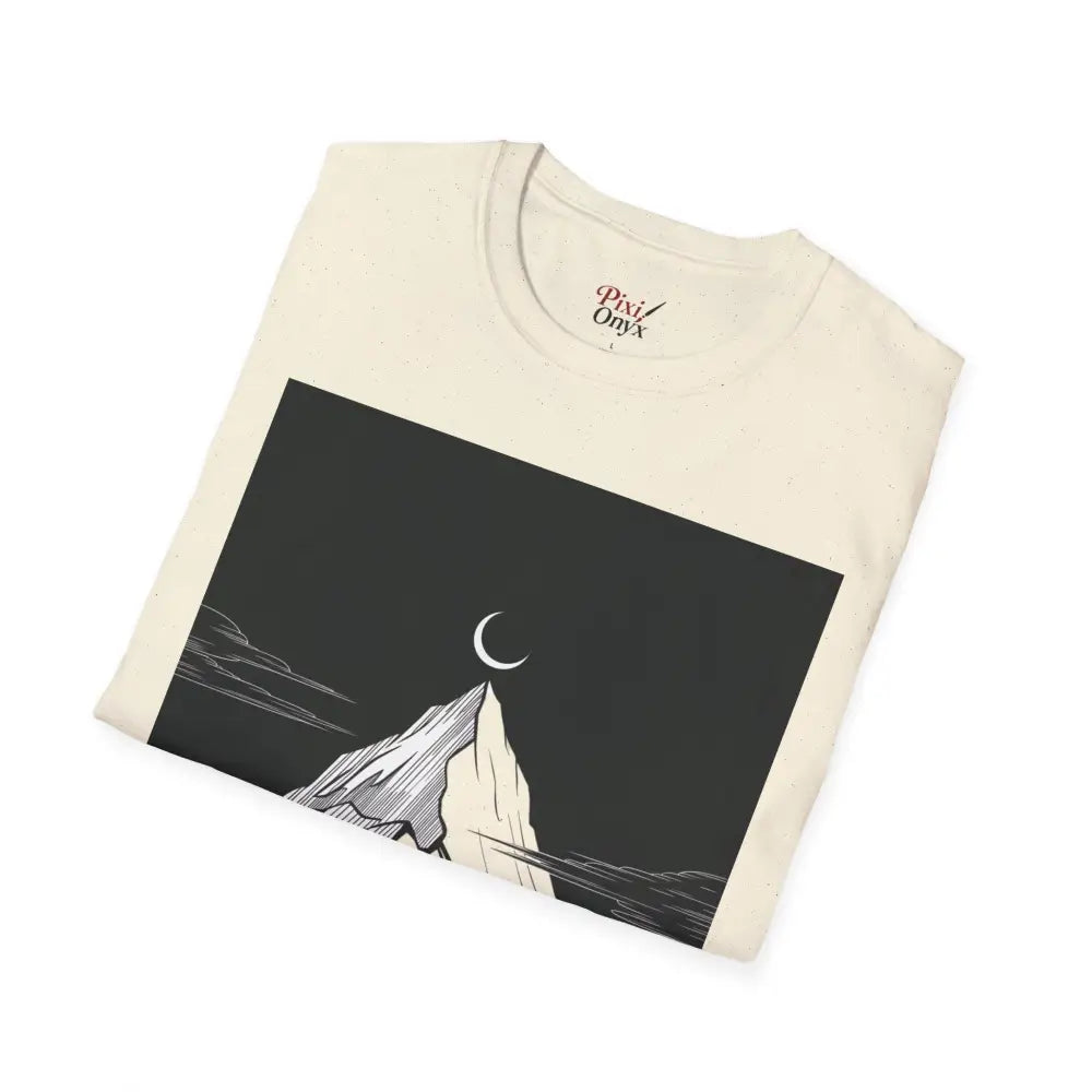Cream-colored unisex softstyle T-shirt with mountain and crescent moon graphic, low heat tumble dry