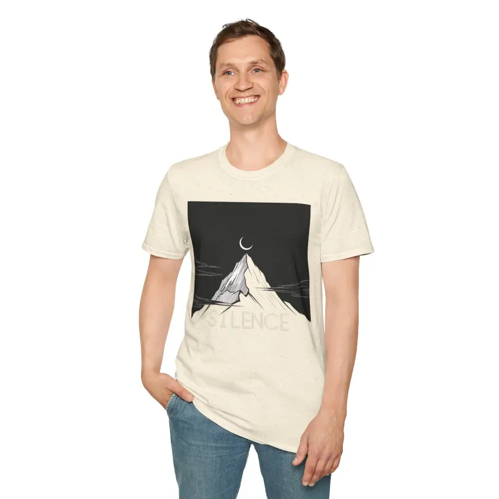 Men’s cream-colored unisex softstyle T-shirt with mountain and crescent moon graphic for outdoor lovers