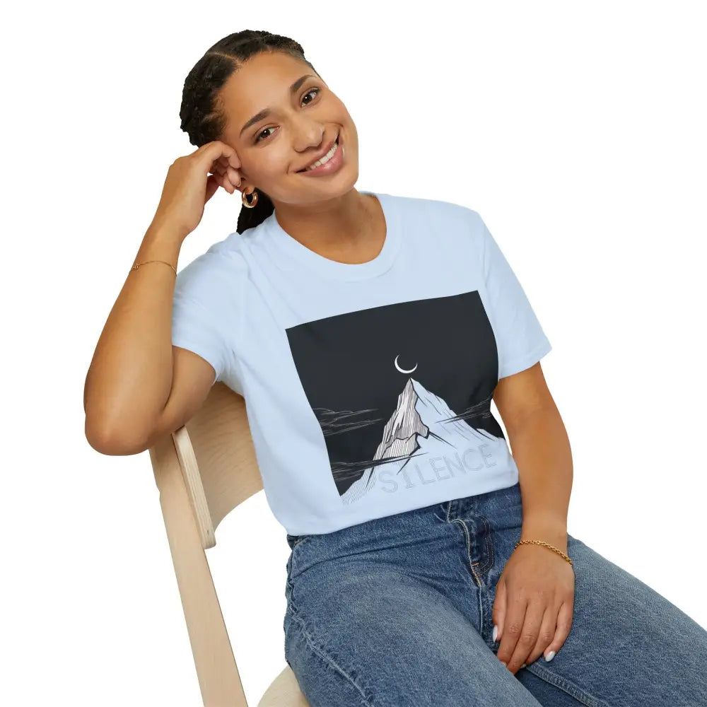 Light blue unisex softstyle adventure t-shirt with mountain and crescent moon design, low heat tumble dry