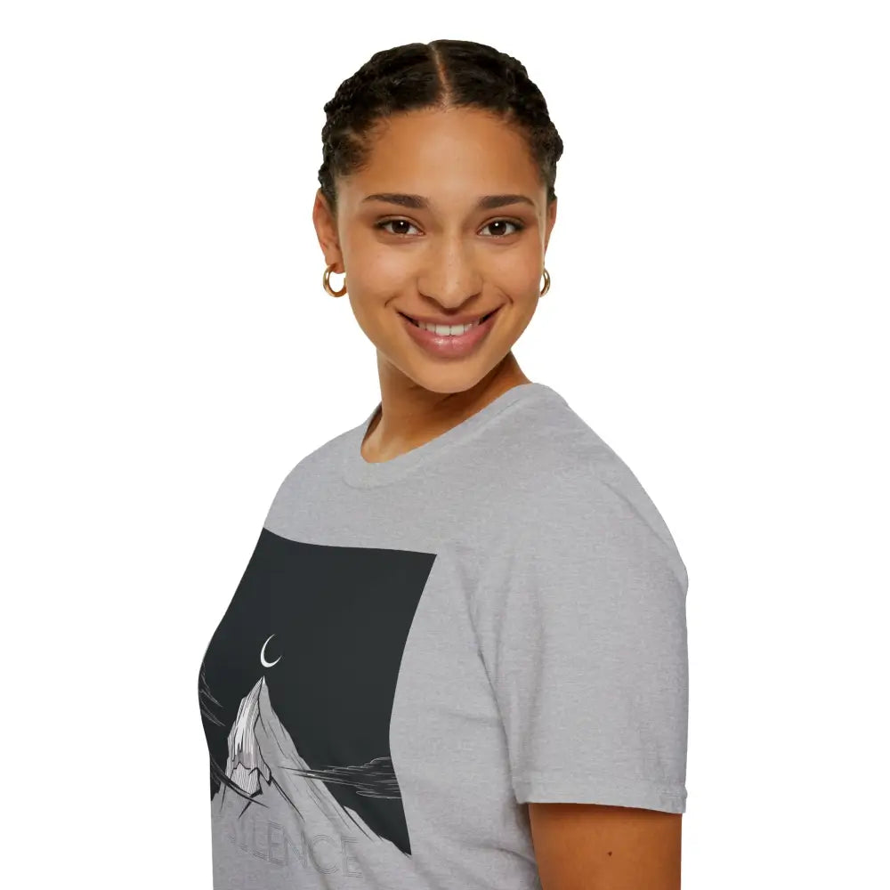 Unisex softstyle Mountain Silence T-Shirt with mountain and crescent moon graphic, low heat tumble dry