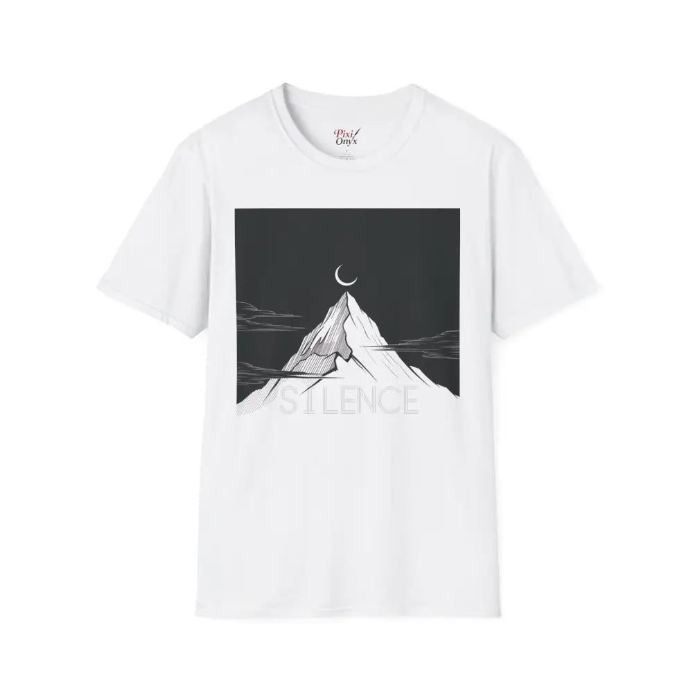 White unisex softstyle T-shirt with mountain and crescent moon graphic, low heat tumble dry