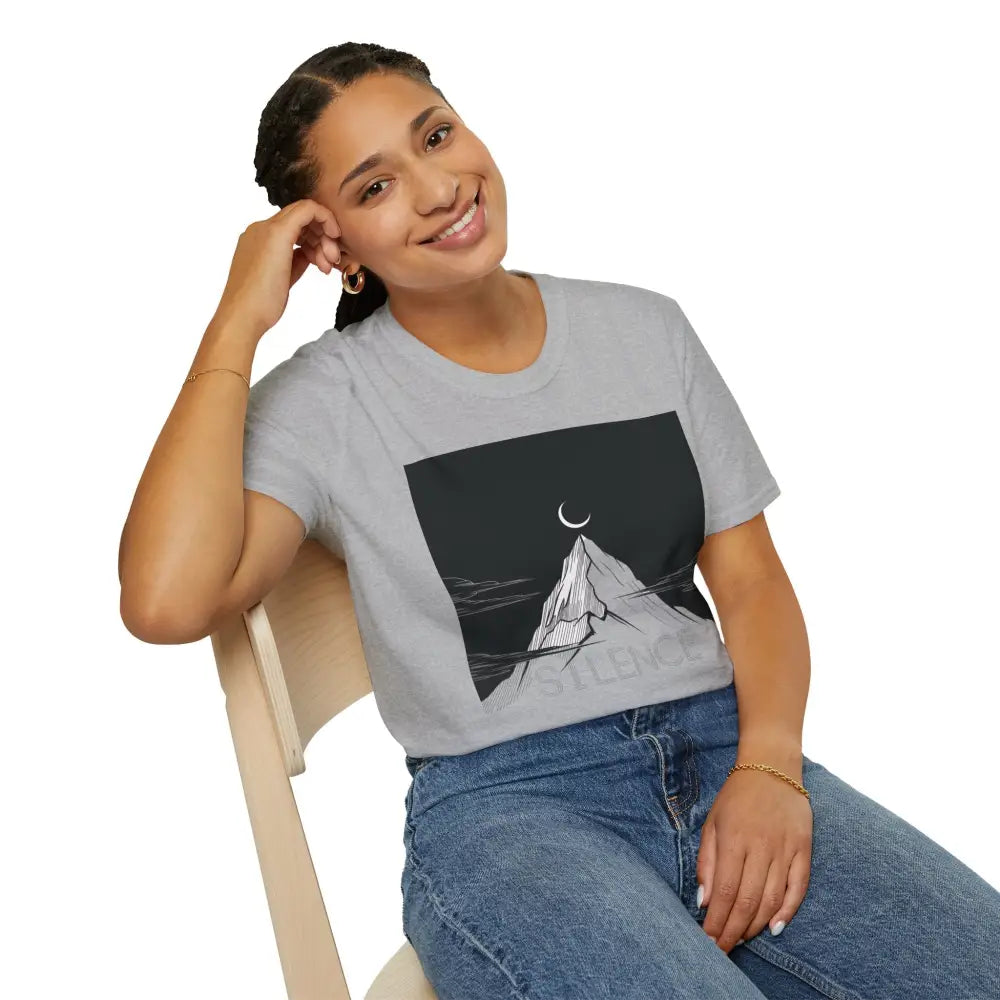 Unisex softstyle Mountain Silence T-Shirt with mountain and crescent moon graphic, low heat tumble dry