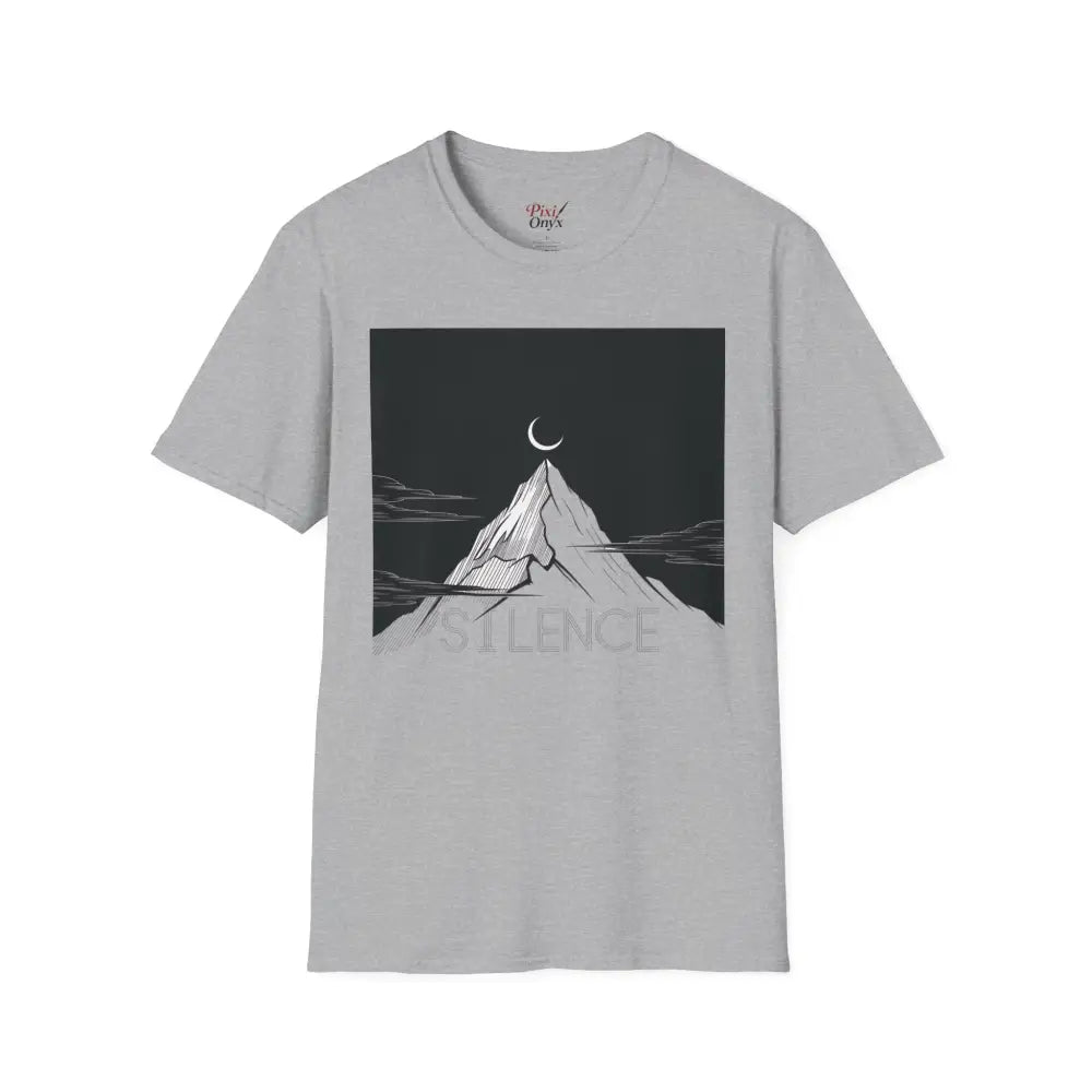 Light gray unisex softstyle T-shirt with mountain and crescent moon graphic, low heat tumble dry