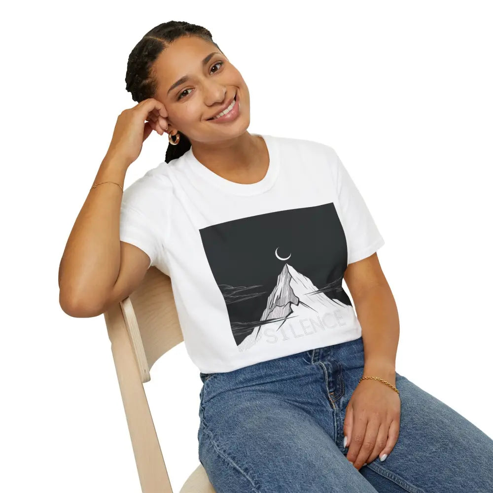 Smiling woman in unisex softstyle mountain and moon graphic T-shirt, low heat, tumble dry