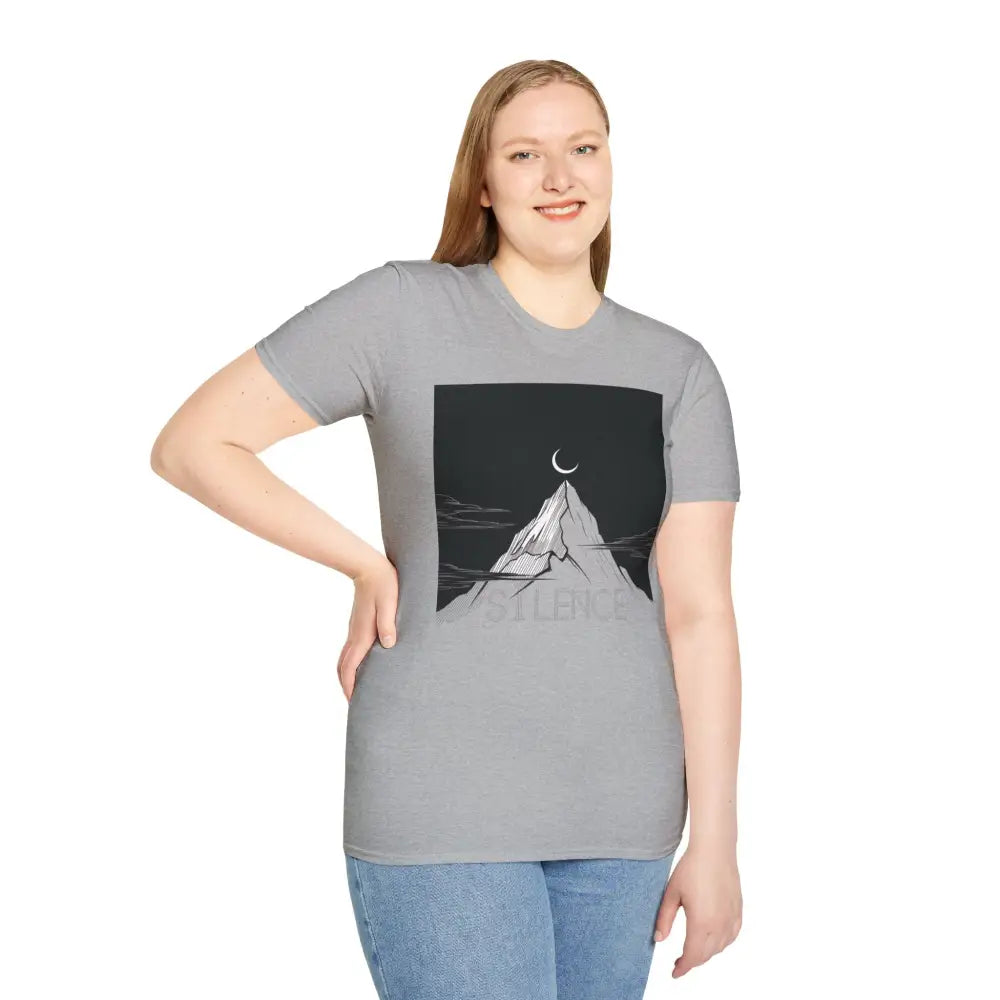 Light grey unisex softstyle T-shirt with mountain and crescent moon graphic for nature lovers