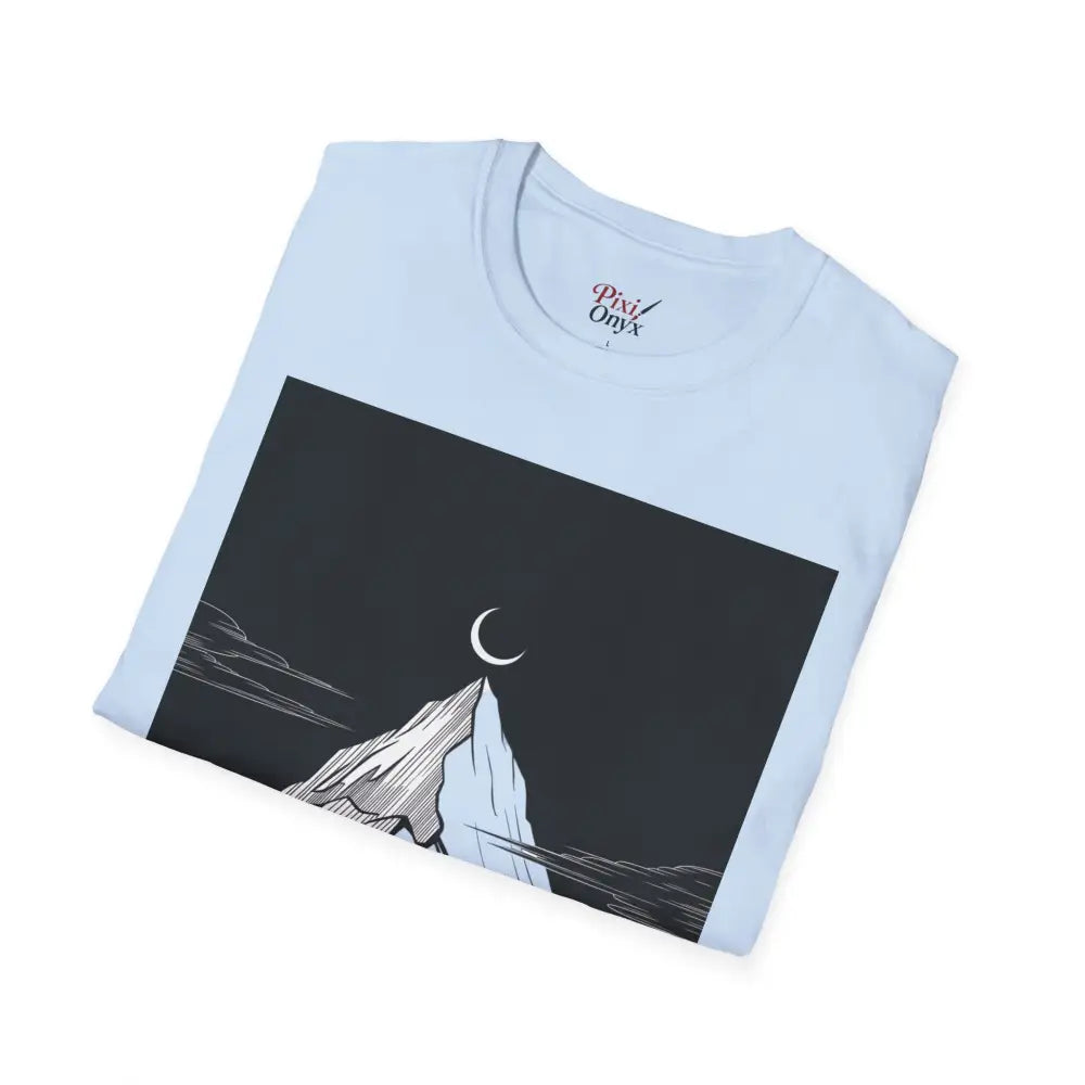 Light blue unisex softstyle T-shirt with mountain and crescent moon graphic, ideal for outdoor lovers