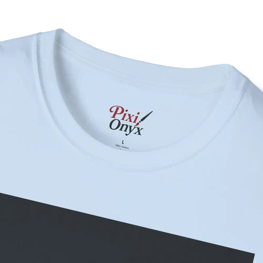 White unisex softstyle adventure tee with brand tag, low heat tumble dry friendly