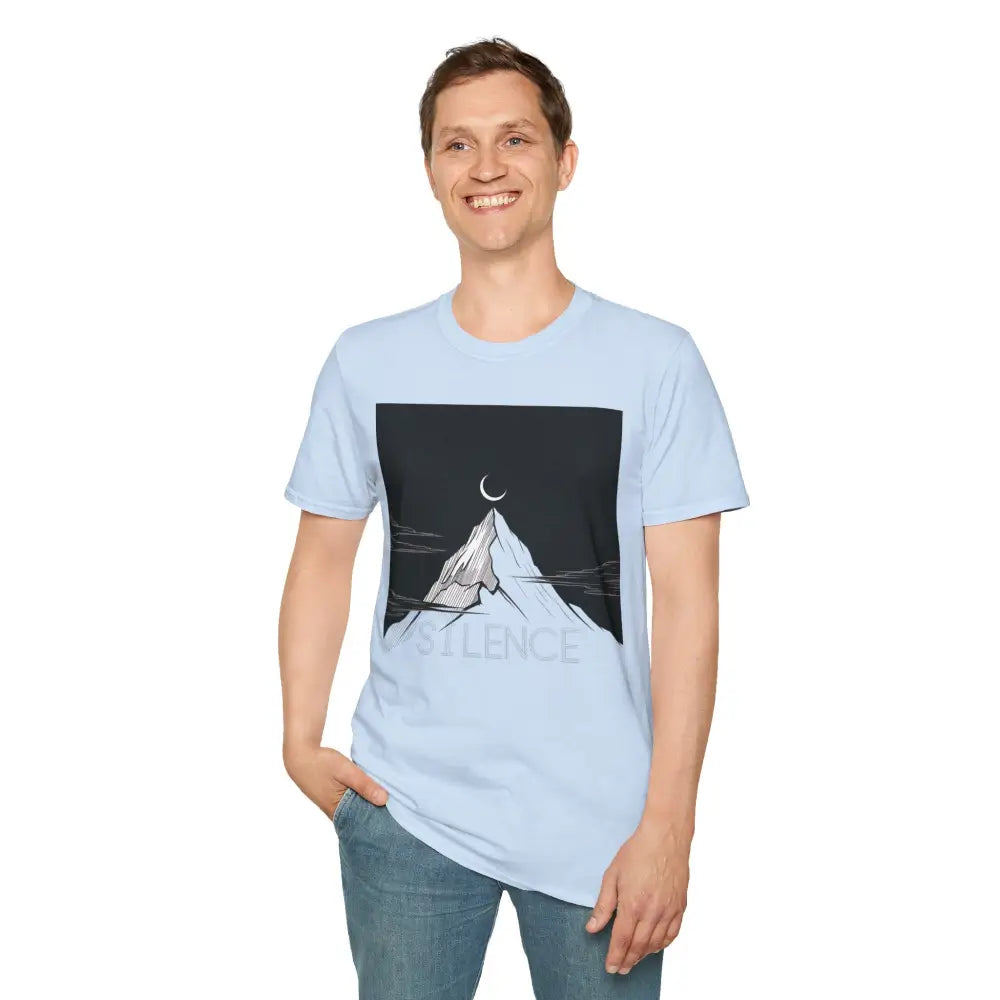 Light blue unisex softstyle adventure t-shirt with mountain peak and crescent moon graphic