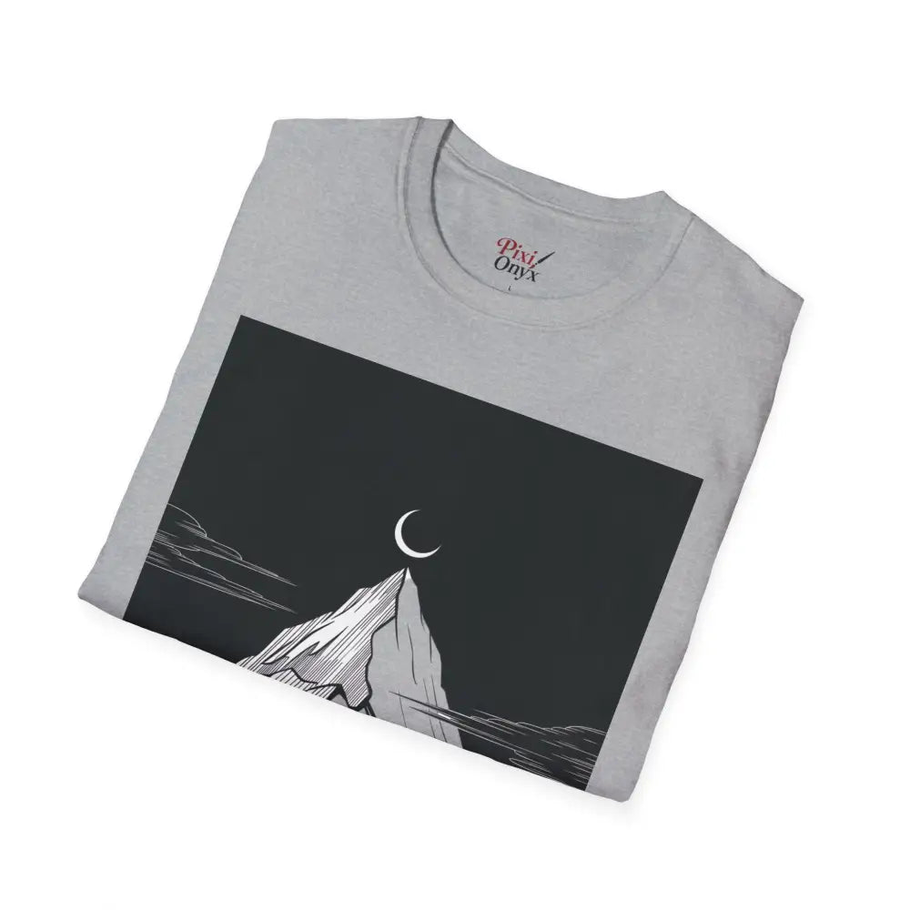 Gray unisex softstyle T-shirt with mountain night graphic, perfect for outdoors and travel