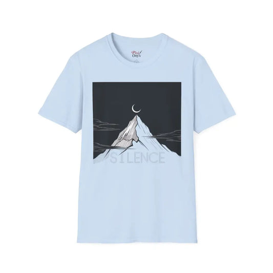 Light blue unisex softstyle T-shirt with mountain and crescent moon graphic for outdoor lovers