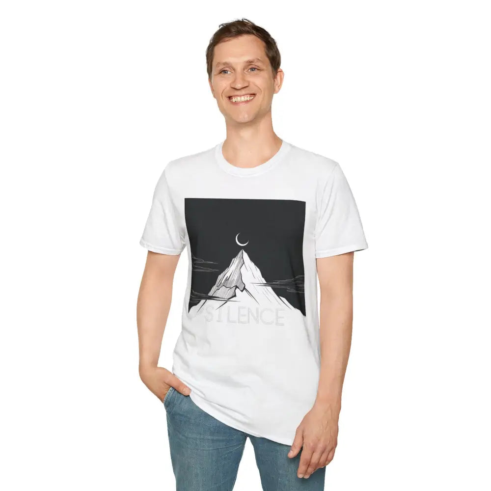 White unisex softstyle T-shirt with mountain and moon graphic, ideal for outdoor lovers